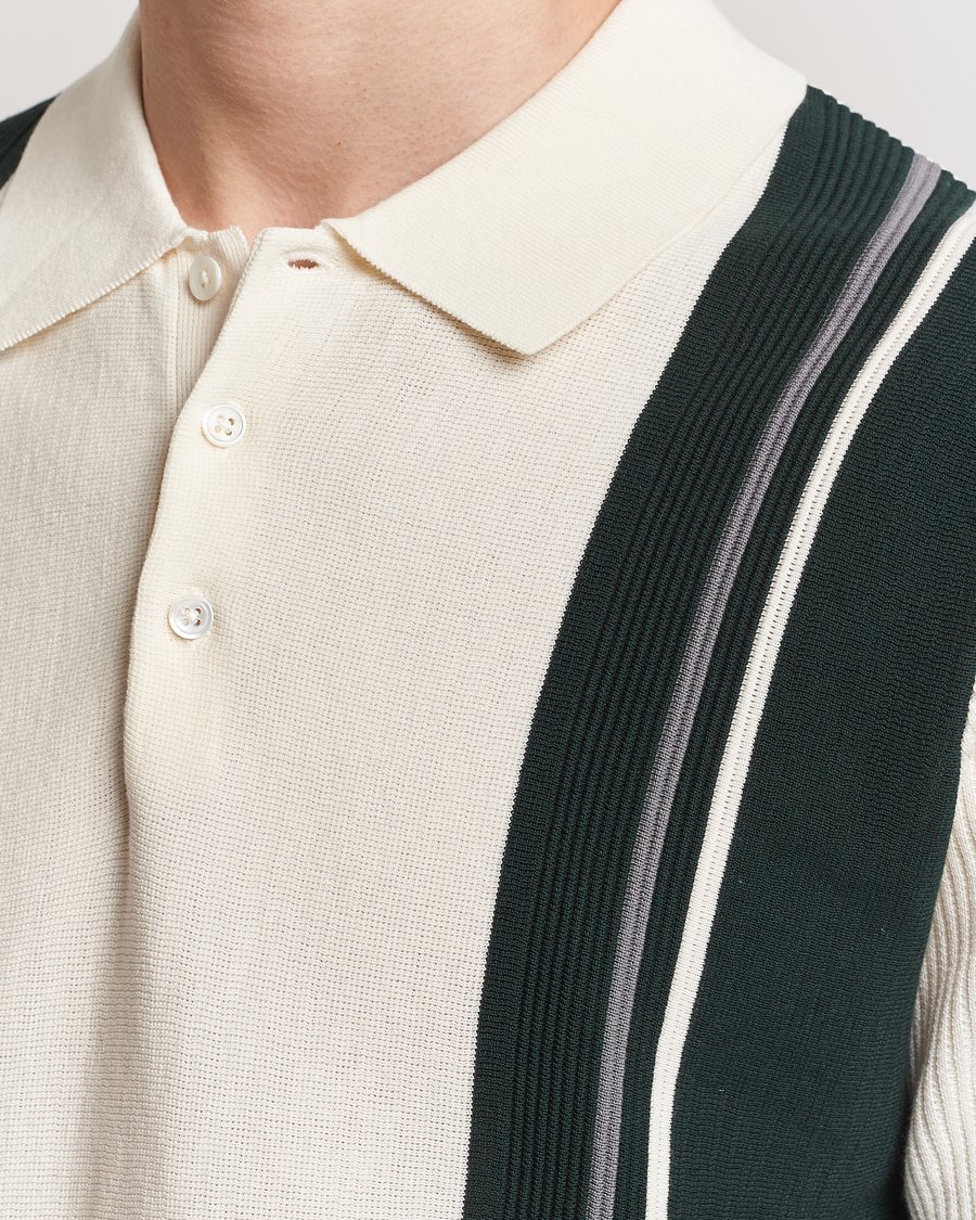 BEAMS PLUS Knit Stripe Short Sleeve Polo White/Green at CareOfCarl.com