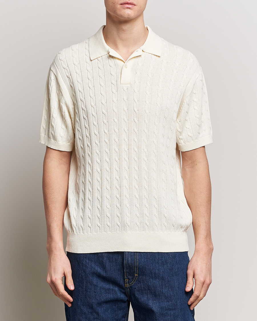 Men | Polo Shirts | BEAMS PLUS | Cable Knit Short Sleeve Polo Off White