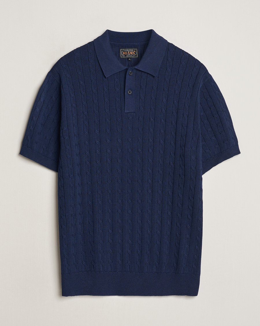 Men | Polo Shirts | BEAMS PLUS | Short Sleeve Cable Polo Navy