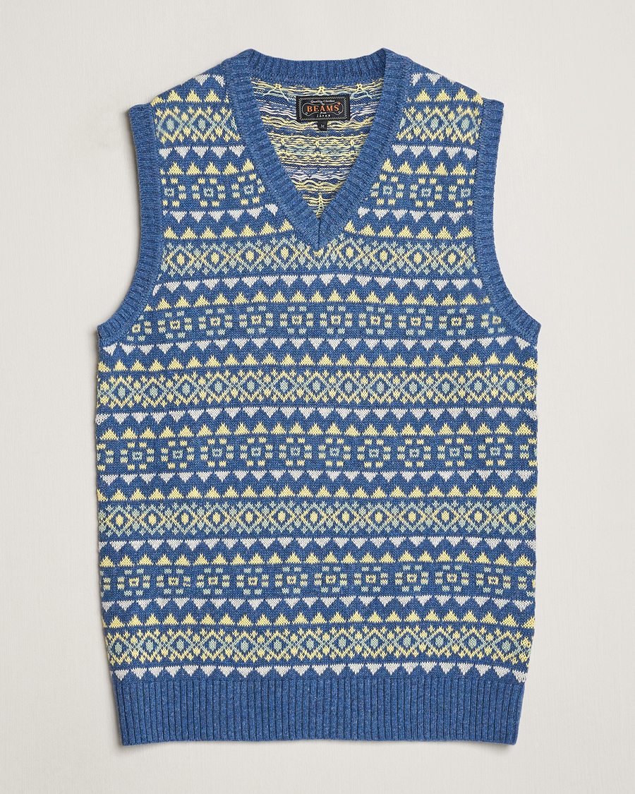 Men | Sweaters & Knitwear | BEAMS PLUS | Fairisle Knit Vest Blue