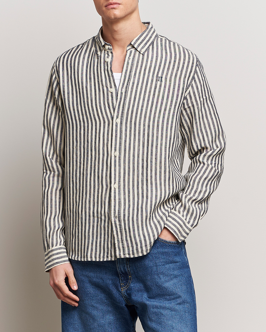 Men | New product images | LES DEUX | Kristian Striped Linen Button Down Shirt Ivory/Navy