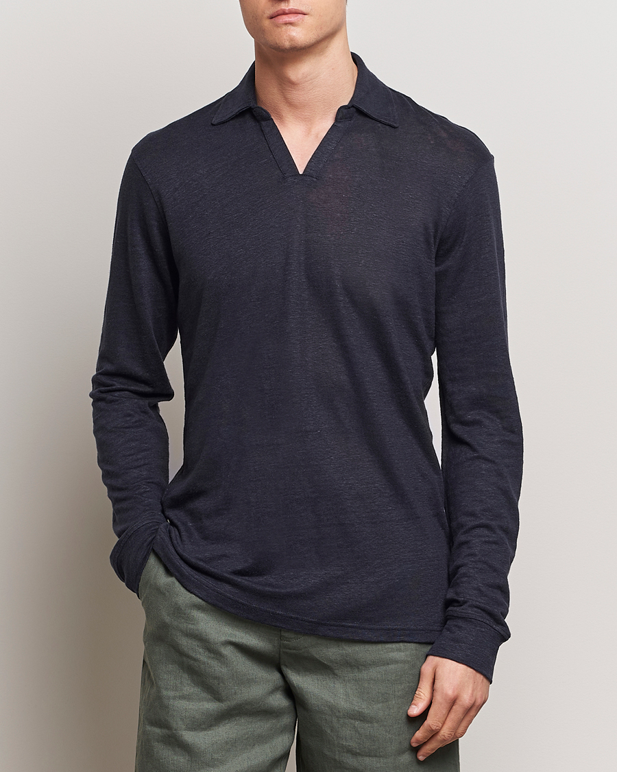 Men | Sweaters & Knitwear | Orlebar Brown | Felix Long Sleeve Slub Linen Polo Night Iris