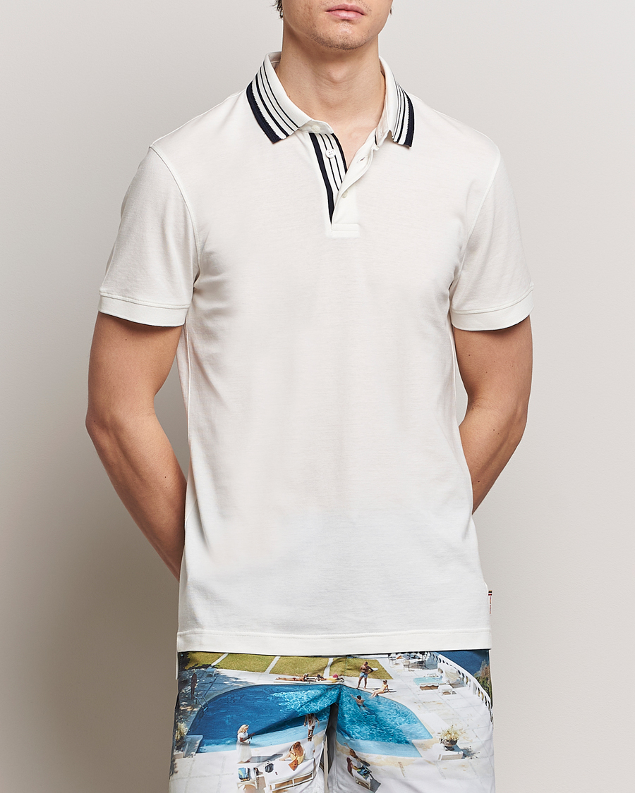 Men | Short Sleeve Polo Shirts | Orlebar Brown | Dominic Border Cotton/Lyocel Polo White Sand