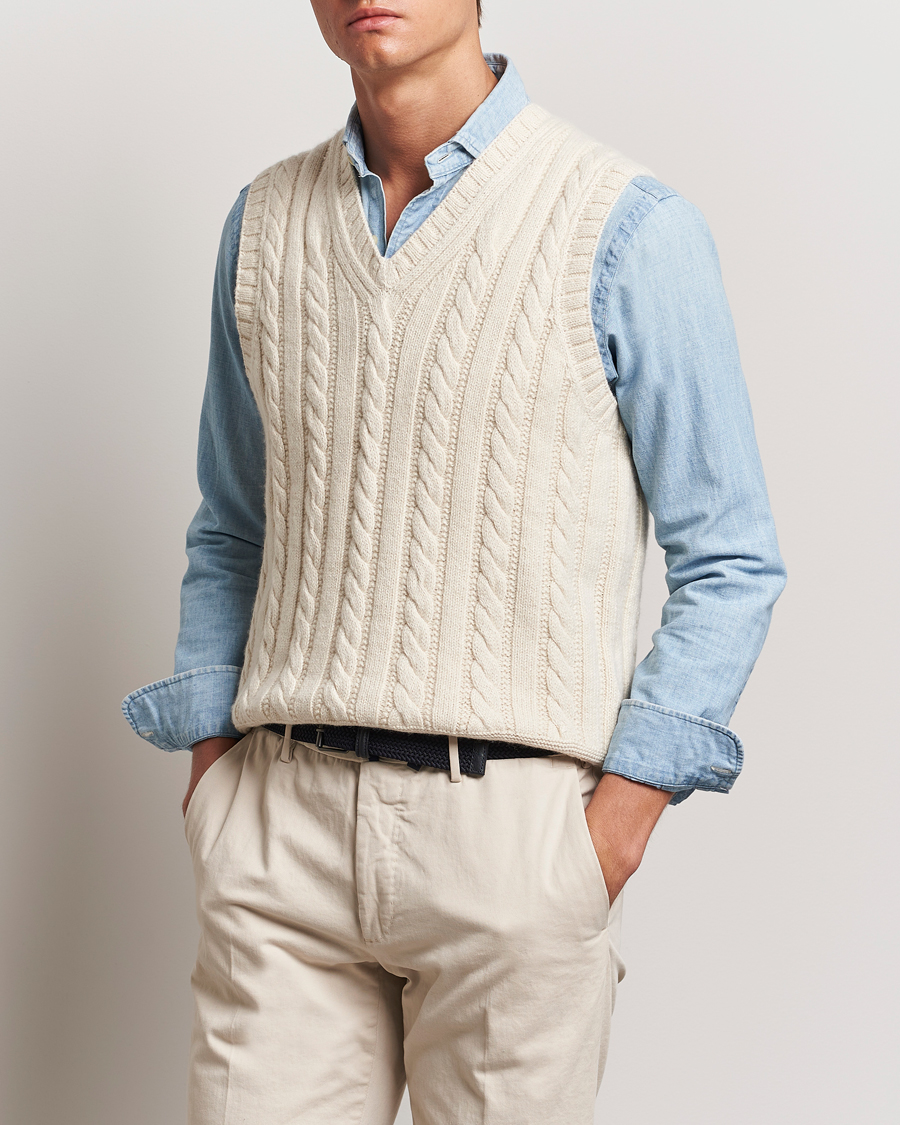 Men | Pullovers | Polo Ralph Lauren | Cotton Aran Knitted Vest Cream