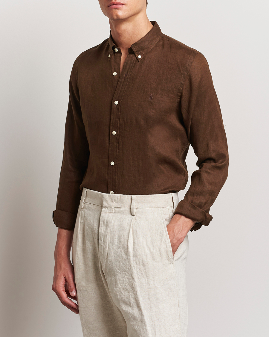 Men | What's new | Polo Ralph Lauren | Slim Fit Linen Button Down Shirt Chocolate Mousse