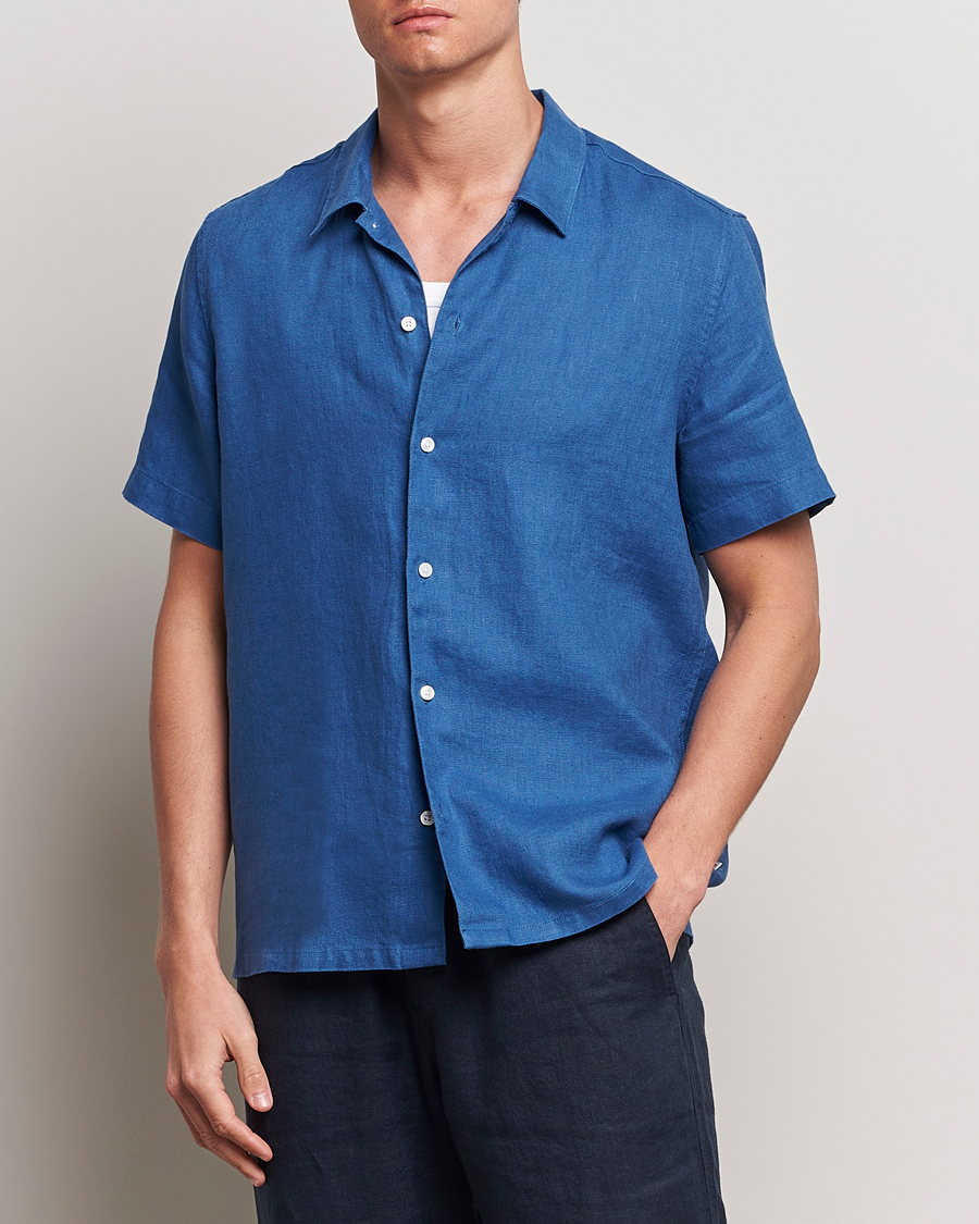 Men | Short Sleeve Shirts | Samsøe Samsøe | Saavan Linen Short Sleeve Shirt Déja Vu Blue