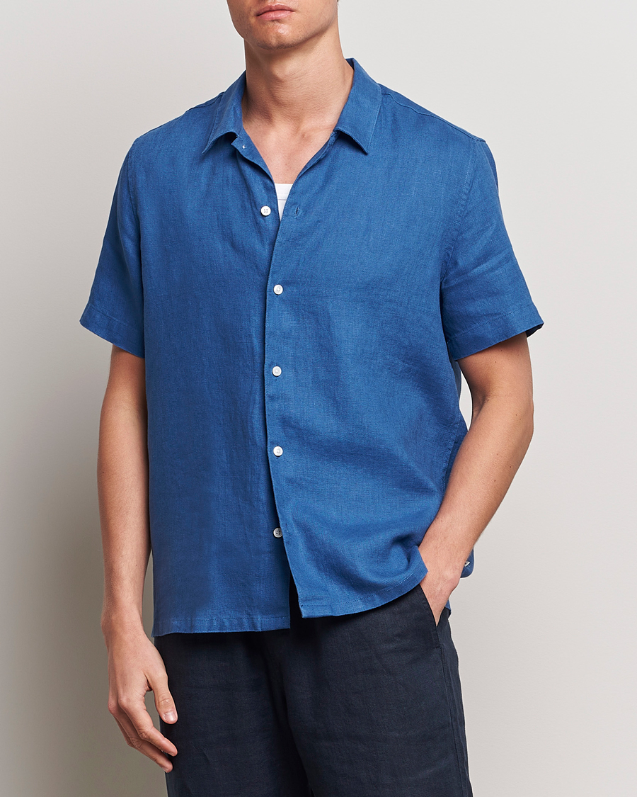Men | Shirts | Samsøe Samsøe | Saavan Linen Short Sleeve Shirt Déja Vu Blue