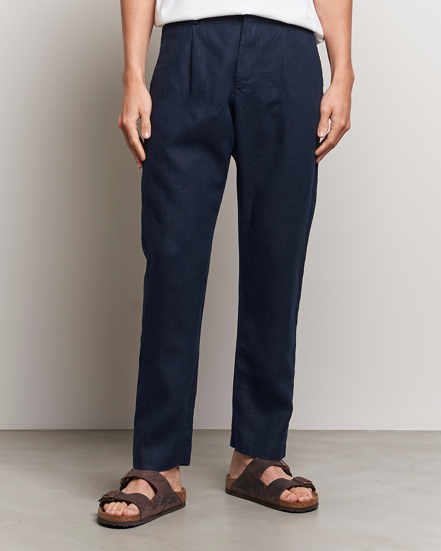 Men | Linen Trousers | NN07 | Bill Pleated Linen Trousers Navy Blue