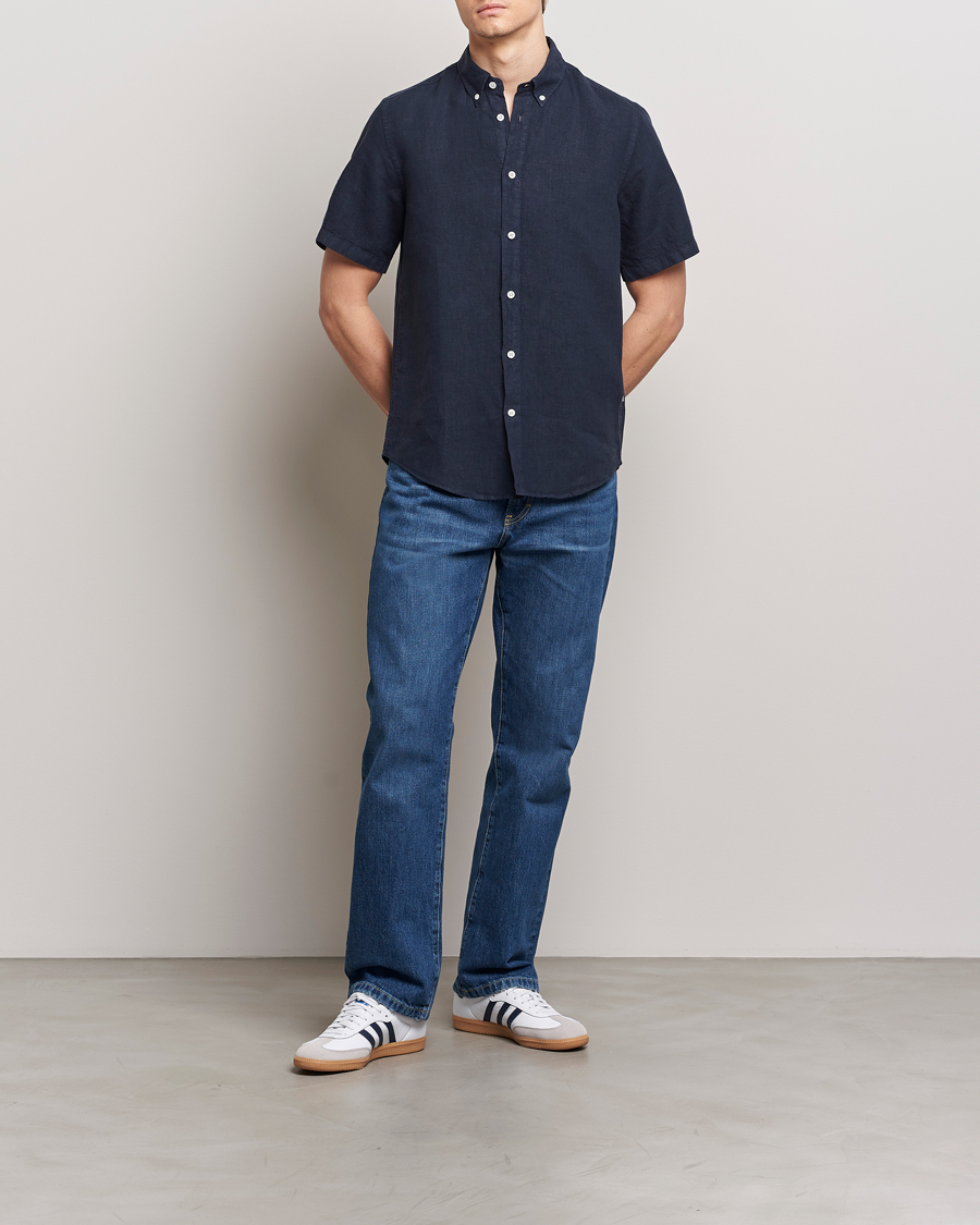 Men | Shirts | NN07 | Arne Linen Short Sleeve Shirt Navy Blue