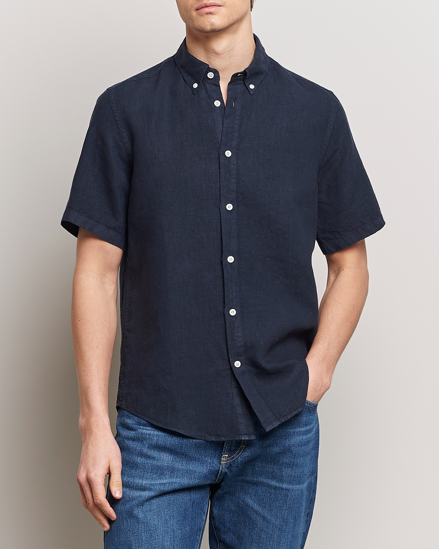 Men | Shirts | NN07 | Arne Linen Short Sleeve Shirt Navy Blue