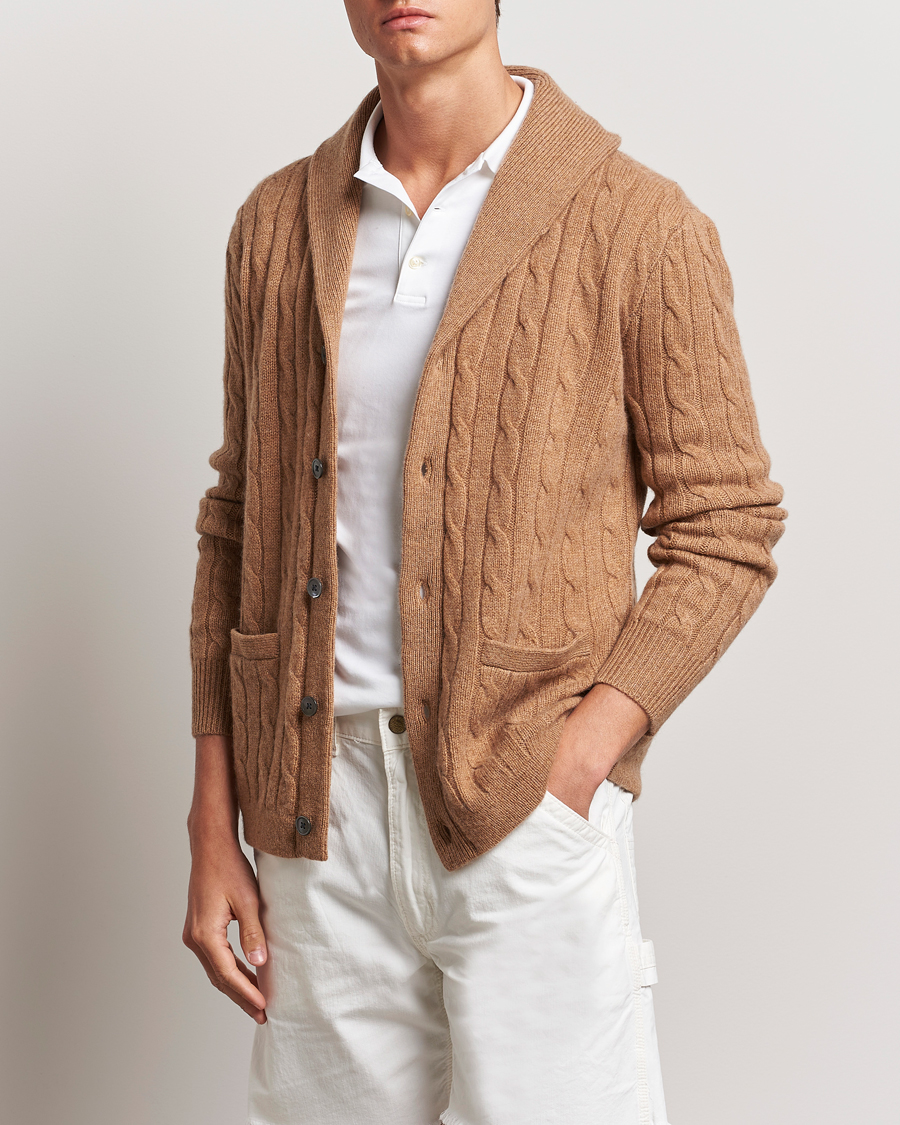Men | Sweaters & Knitwear | Polo Ralph Lauren | Cashmere Cable Shawl Cardigan Brown Sugar Melange
