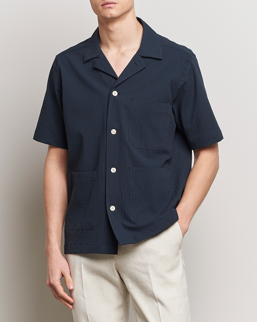 Men | Short Sleeve Shirts | Oscar Jacobson | Hanks Reg Seersucker Shirt Navy