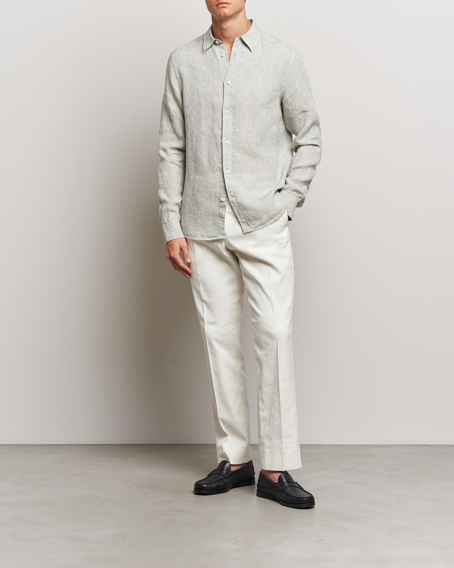 Men | Shirts | J.Lindeberg | Slim Linen Melange Shirt Oil Green