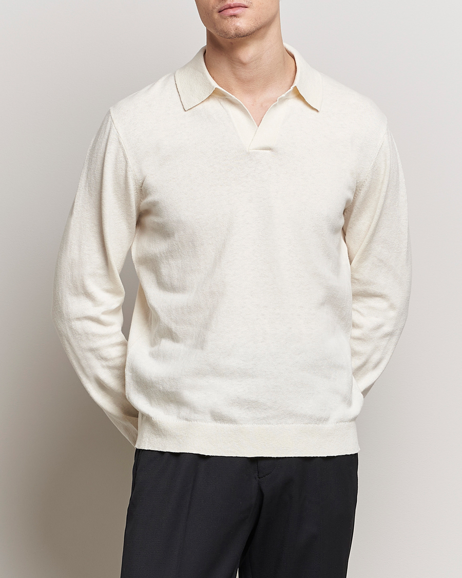 Men | Knitted Polo Shirts | A Day's March | Manol Cotton Linen Polo Off White