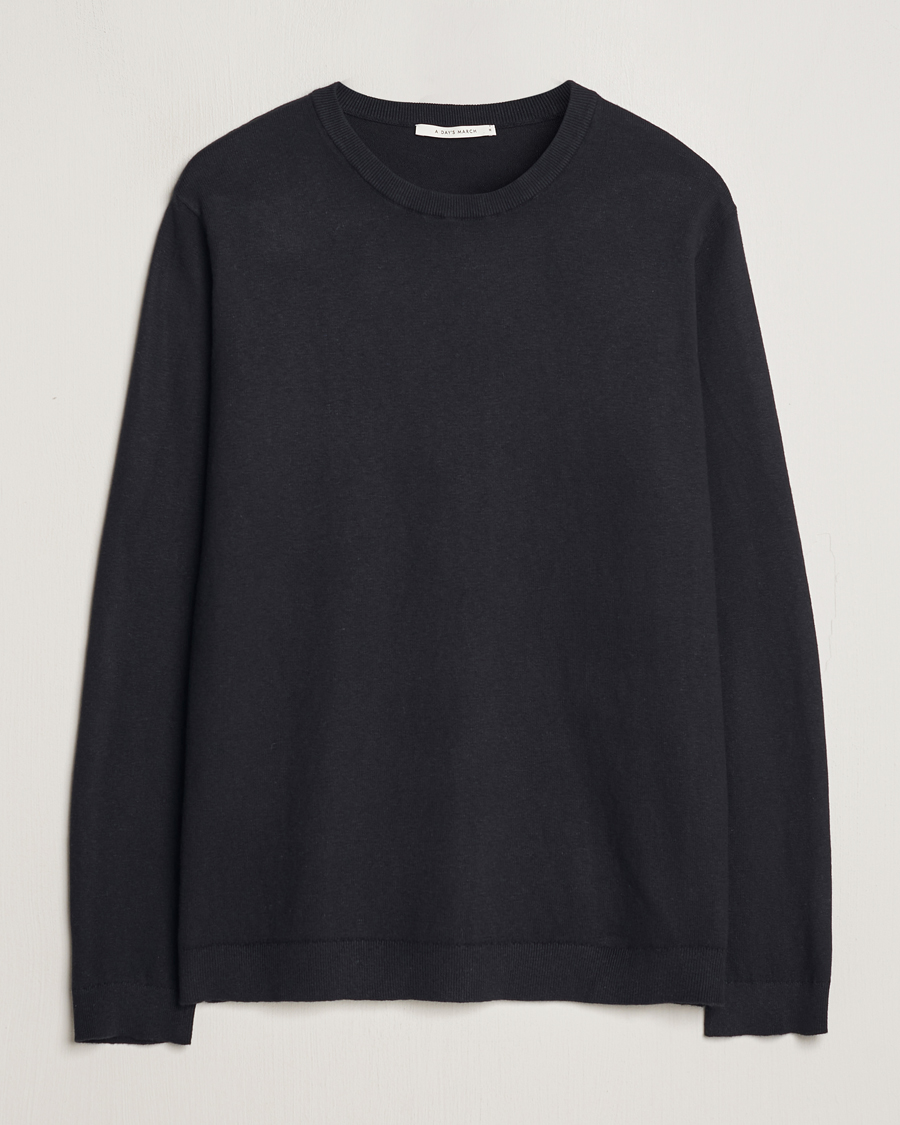 Men | Sweaters & Knitwear | A Day's March | Alagon Cotton/Linen Crew Black