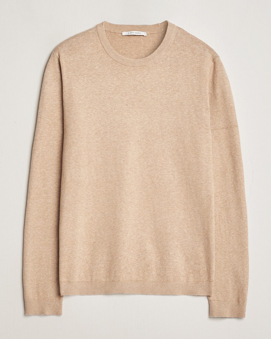 Men | Sweaters & Knitwear | A Day's March | Alagon Cotton/Linen Crew Khaki