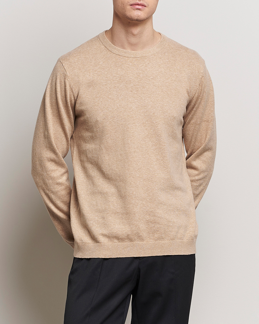 Men | Knitted Jumpers | A Day's March | Alagon Cotton/Linen Crew Khaki