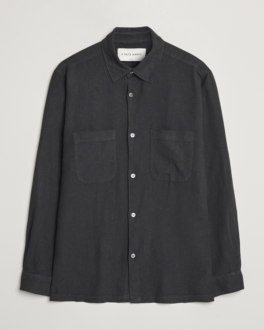 Men | Shirts | A Day's March | Balain Linen/Viscose Shirt Off Black