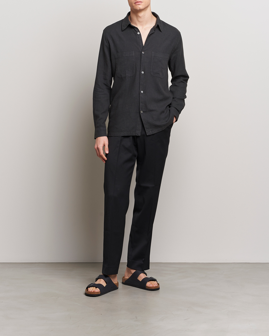 Men | Shirts | A Day's March | Balain Linen/Viscose Shirt Off Black