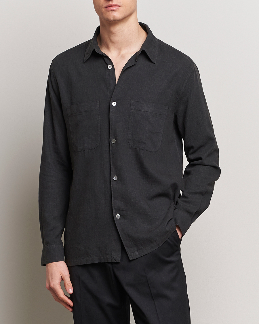 Men | Shirts | A Day's March | Balain Linen/Viscose Shirt Off Black