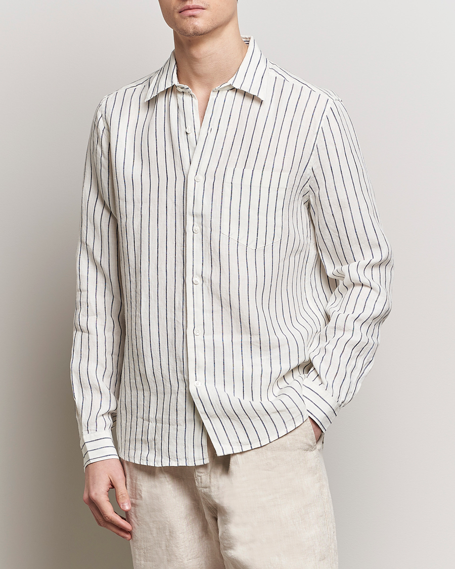 Men | Casual | A Day's March | Abu Striped Linen Shirt White/Navy