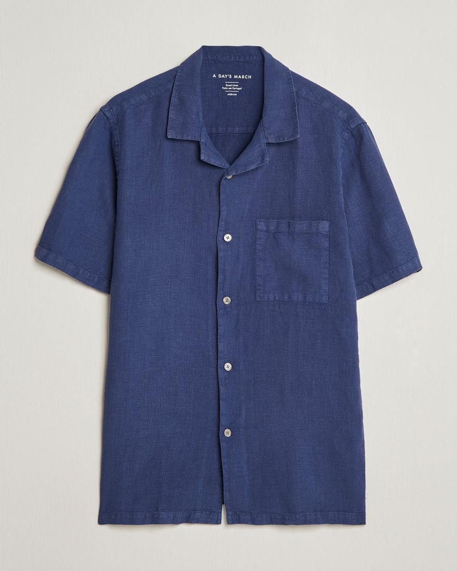 Men |  | A Day's March | Yamu Short Sleeve Linen Shirt Brewers Blue