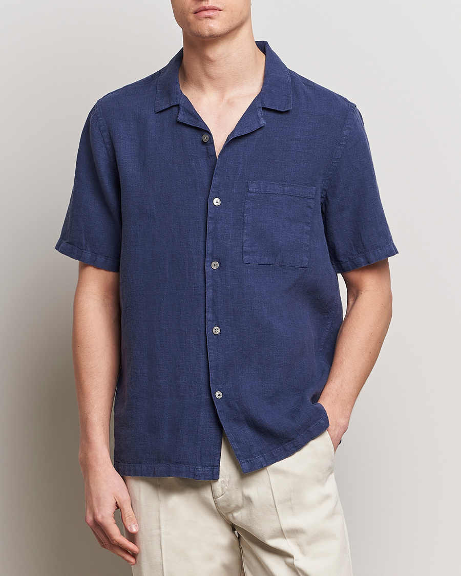 Mies |  | A Day\'s March | Yamu Short Sleeve Linen Shirt Brewers Blue