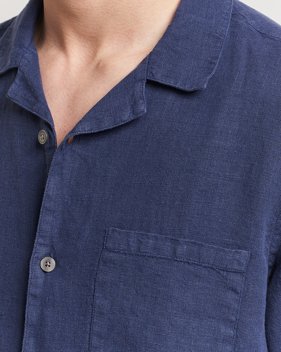 Men | Shirts | A Day's March | Yamu Short Sleeve Linen Shirt Brewers Blue