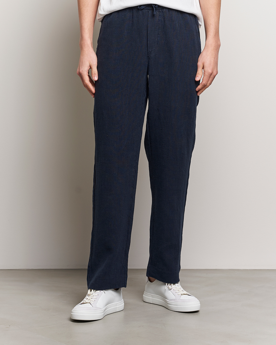 Men | Trousers | A Day's March | Tamiat Drawstring Linen Trousers Navy