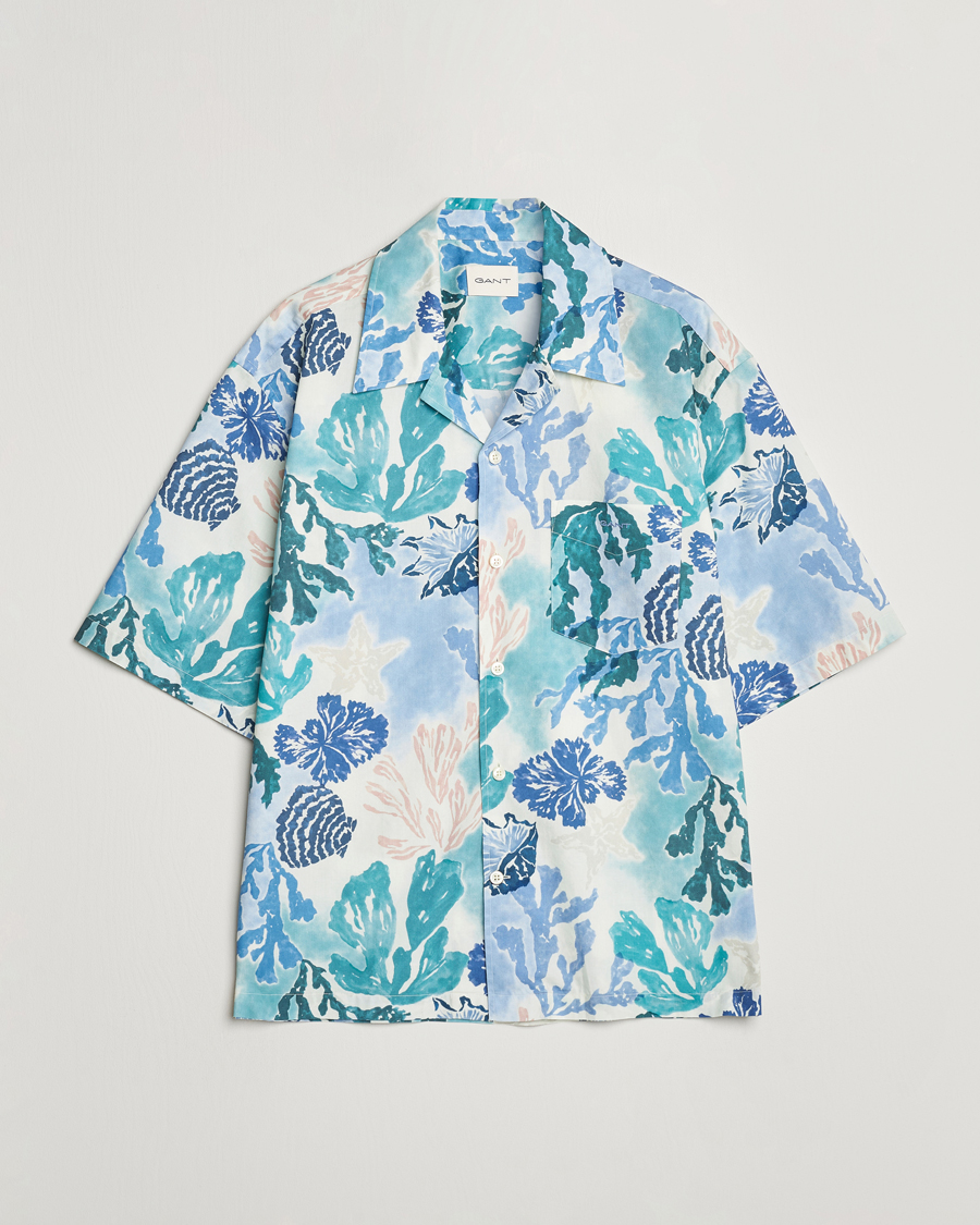 Men | Shirts | Gant | Camp Collar Sea Print Short Sleeve Shirt Rich Blue