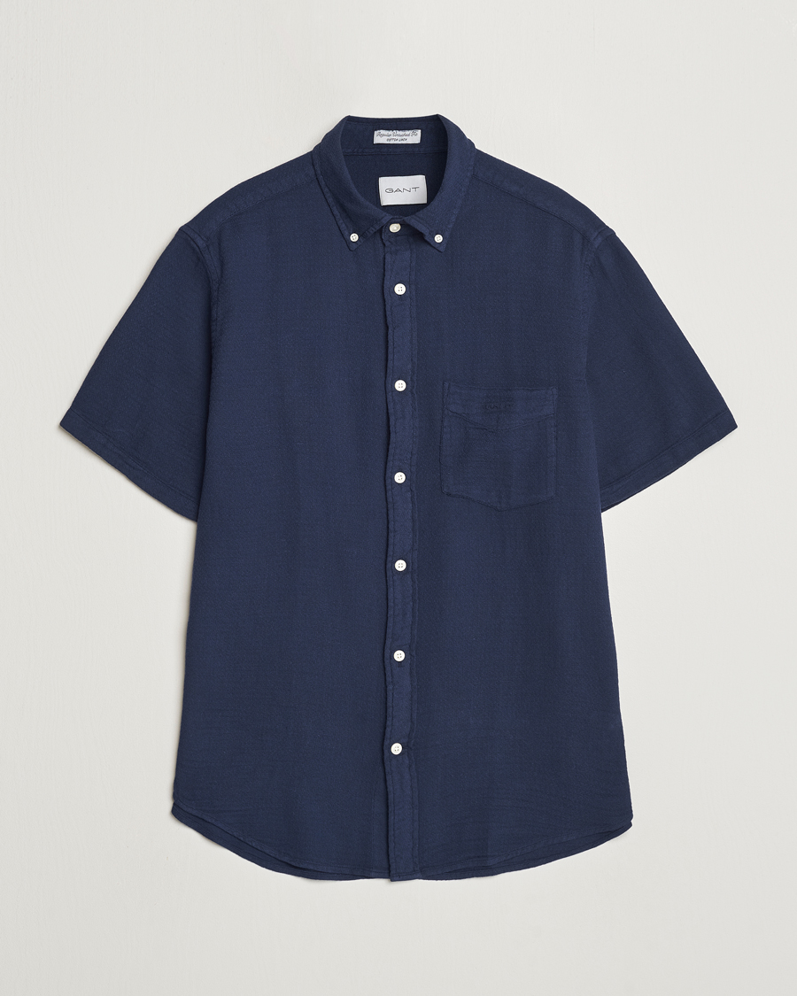 Men | Shirts | Gant | Cotton/Linen Texture Short Sleeve Shirt Evening Blue