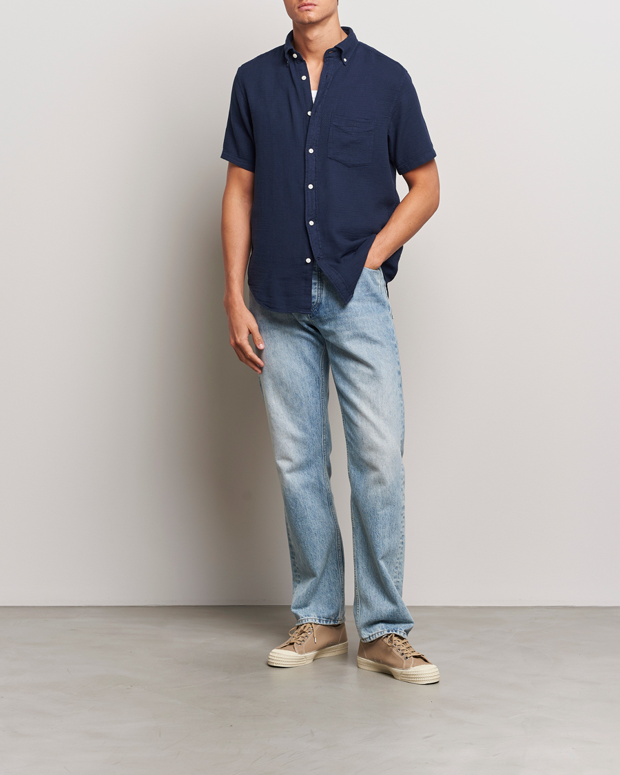 Men | Shirts | Gant | Cotton/Linen Texture Short Sleeve Shirt Evening Blue