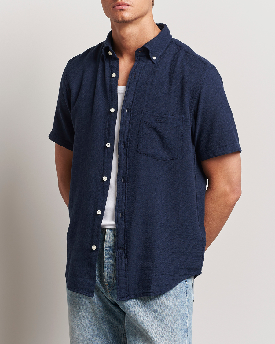 Men | Shirts | Gant | Cotton/Linen Texture Short Sleeve Shirt Evening Blue