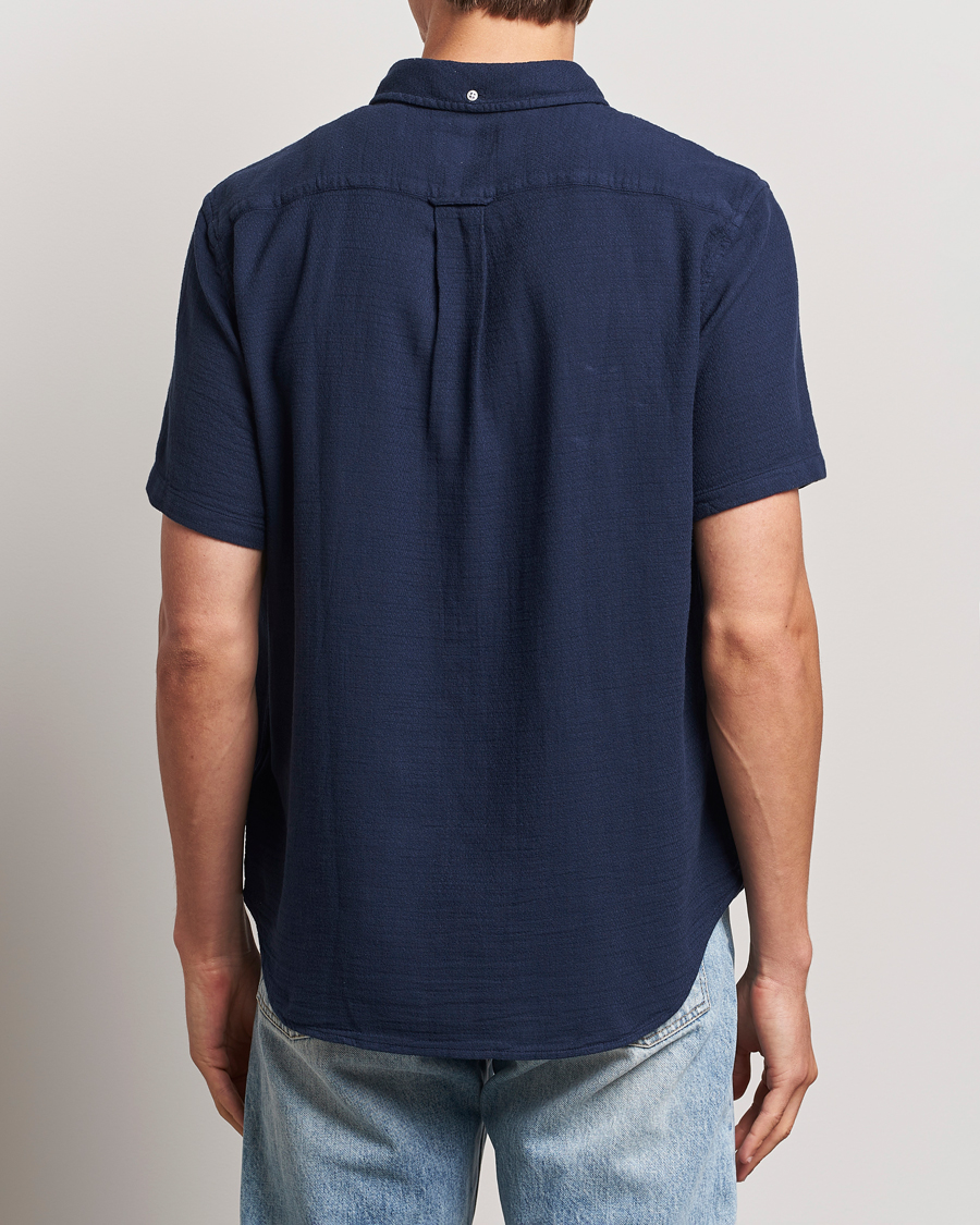 Men | Shirts | Gant | Cotton/Linen Texture Short Sleeve Shirt Evening Blue