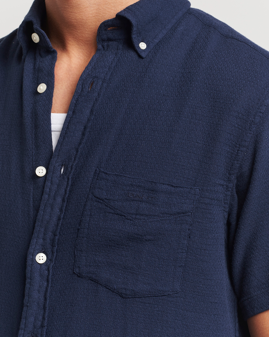Men | Shirts | Gant | Cotton/Linen Texture Short Sleeve Shirt Evening Blue