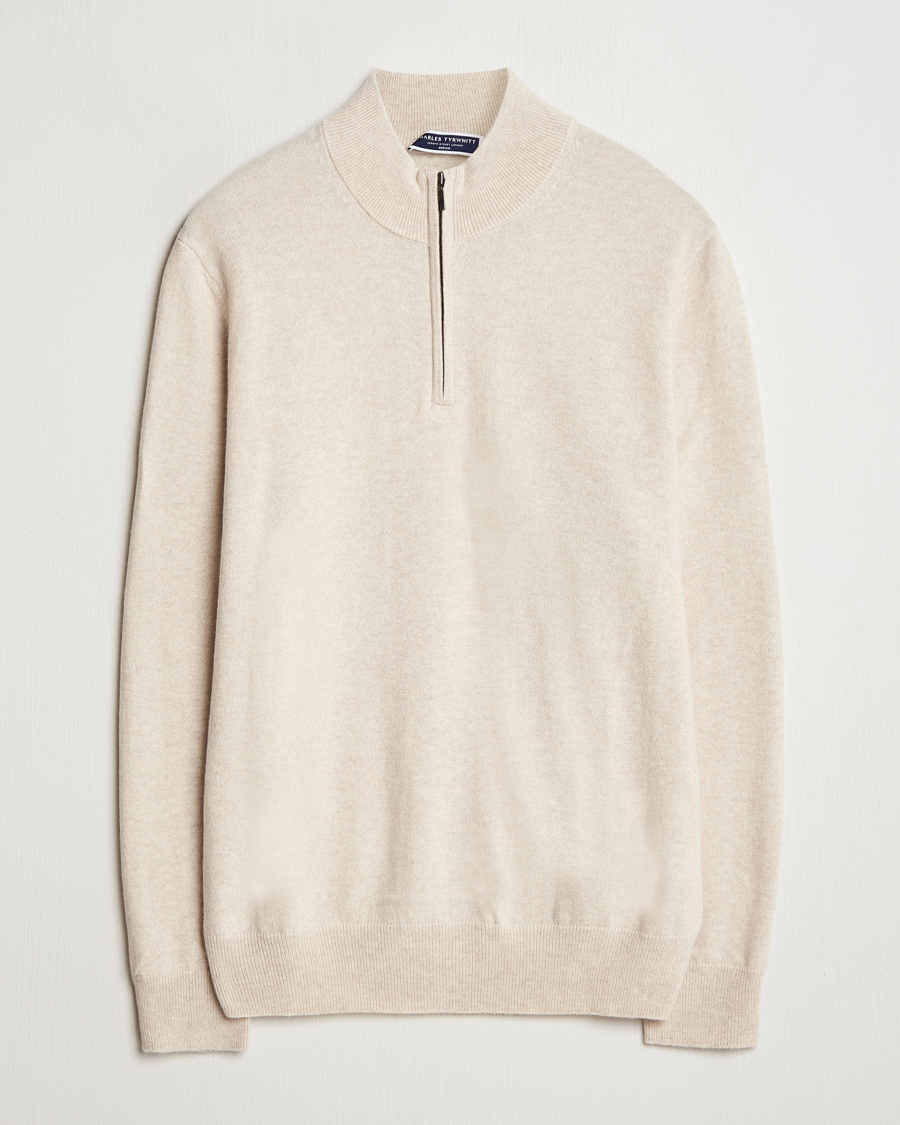 Men | Sweaters & Knitwear | Charles Tyrwhitt | Pure Cashmere Zip Neck Jumper Cream