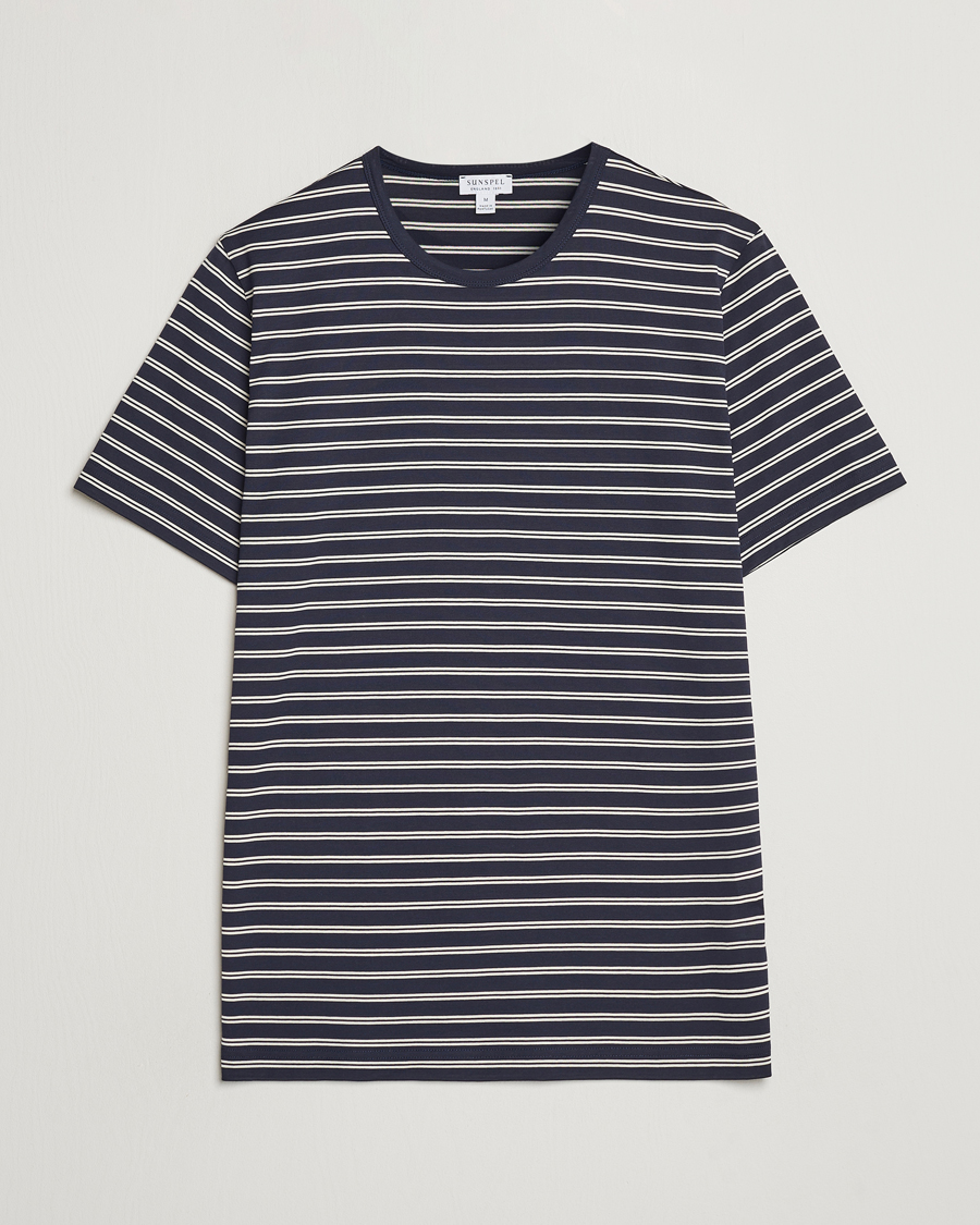 Men | T-Shirts | Sunspel | Striped Crew Neck Cotton Tee Navy/Ecru