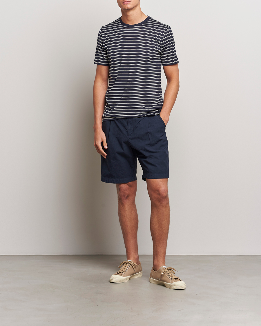 Men | T-Shirts | Sunspel | Striped Crew Neck Cotton Tee Navy/Ecru