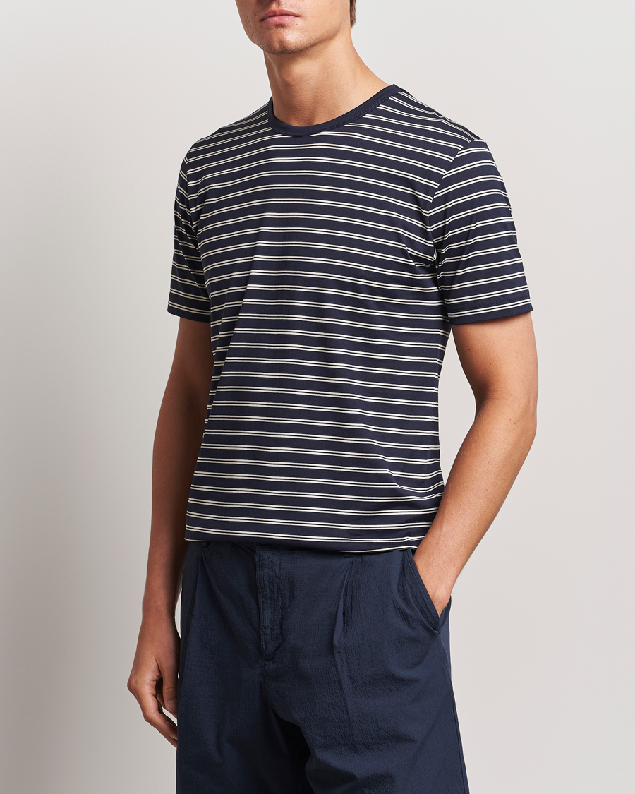 Men | Clothing | Sunspel | Striped Crew Neck Cotton Tee Navy/Ecru