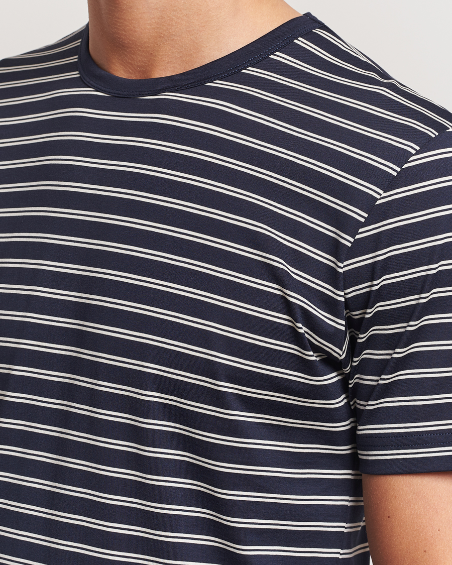 Men | T-Shirts | Sunspel | Striped Crew Neck Cotton Tee Navy/Ecru