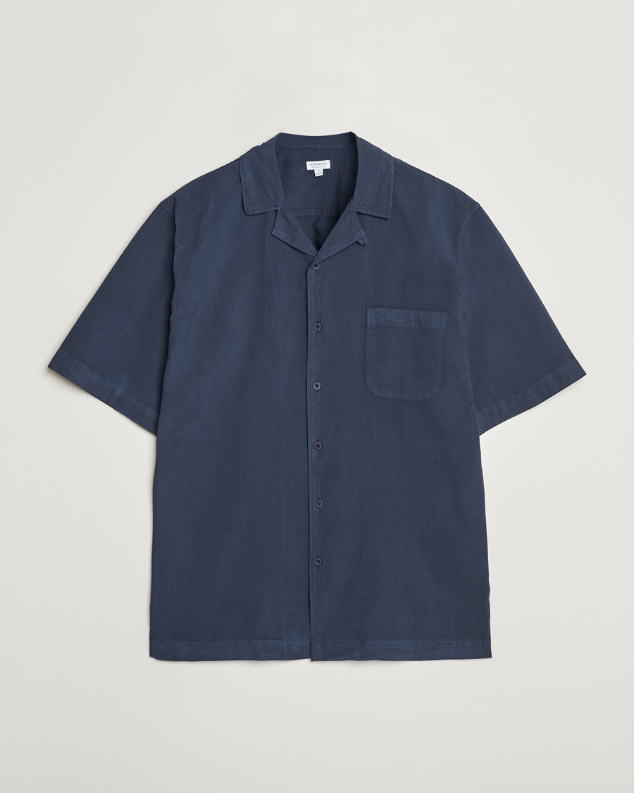 Men | Shirts | Sunspel | Lightweight Seersucker Shirt Navy
