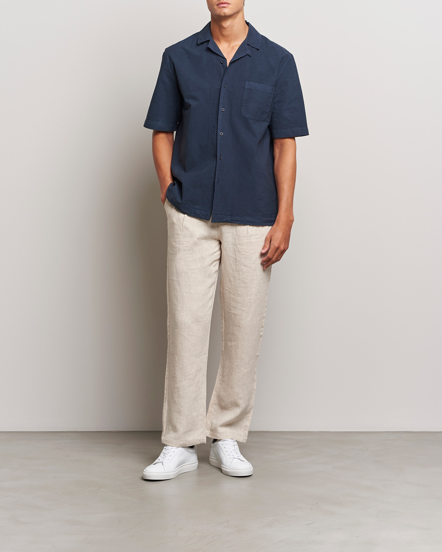 Men | Shirts | Sunspel | Lightweight Seersucker Shirt Navy