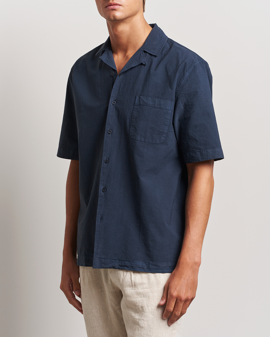 Men | Shirts | Sunspel | Lightweight Seersucker Shirt Navy