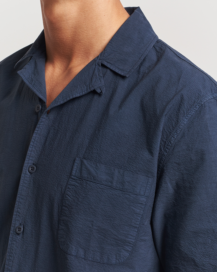 Men | Shirts | Sunspel | Lightweight Seersucker Shirt Navy