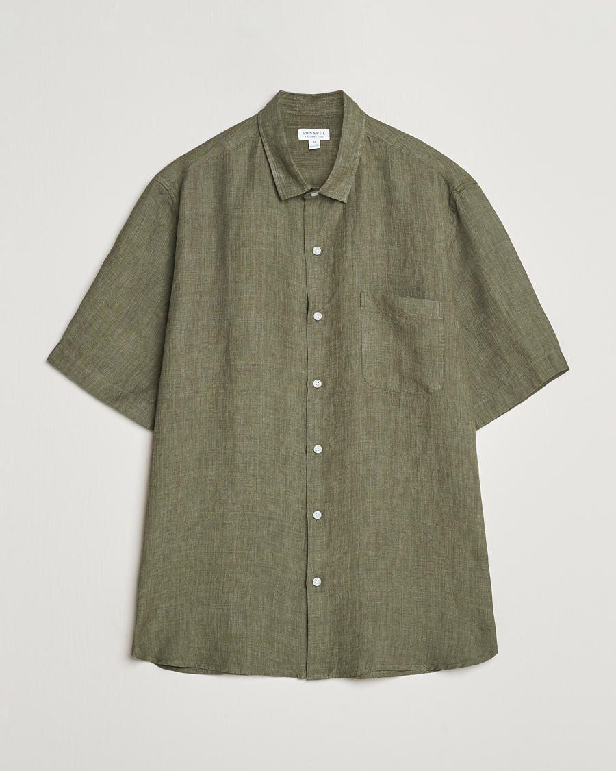 Men | Shirts | Sunspel | Short Sleeved Linen Shirt Khaki