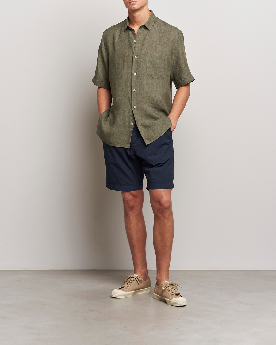 Men | Shirts | Sunspel | Short Sleeved Linen Shirt Khaki