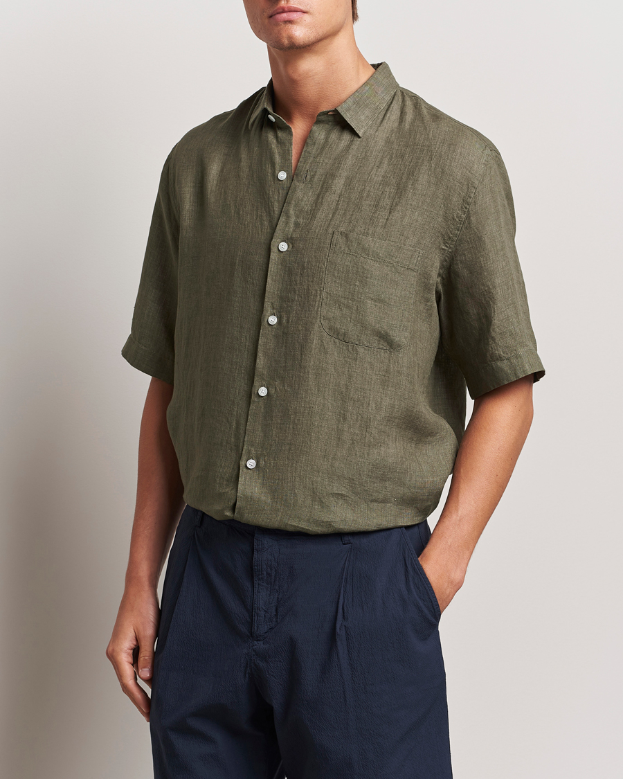 Men |  | Sunspel | Short Sleeved Linen Shirt Khaki