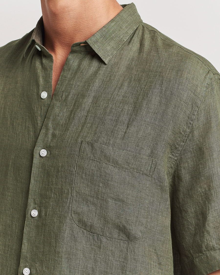Men | Shirts | Sunspel | Short Sleeved Linen Shirt Khaki