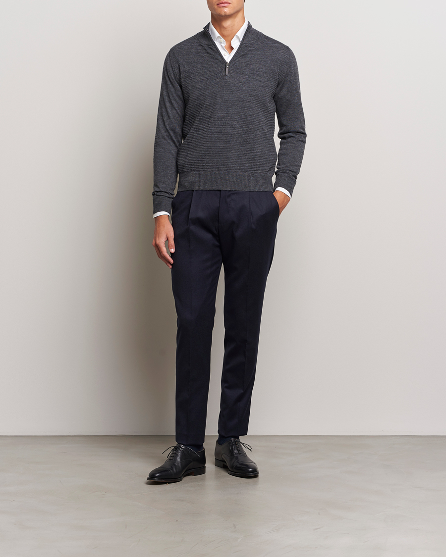Men | Sweaters & Knitwear | Canali | Textured Knit Half Zip Charcoal