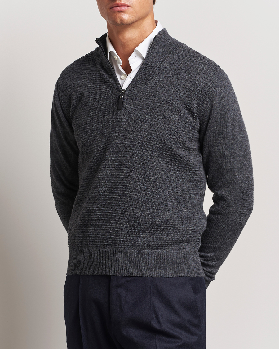 Men | Sweaters & Knitwear | Canali | Textured Knit Half Zip Charcoal